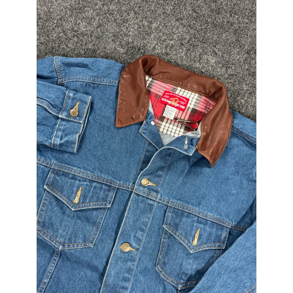 VTG Marlboro Country Store Denim Jacket Leather Collar Plaid Lined L